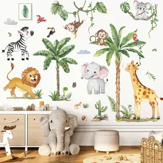 decalmile Wandsticker Dschungel Tiere Baum Groß Wandtattoo Safari Giraffe Elefant Löwe Zebra Affen Reben Wandaufkleber Babyzimmer Kinderzimmer Schlafzimmer Wanddeko