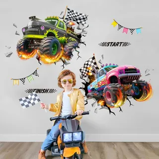 Tanlaby 3D Auto Wandtattoo Rennwagen Wandsticker Kinderzimmer Zerbrochene Wand Pickup Sportwagen Wandaufkleber für Wohnzimmer Jungen Babyzimmer Schlafzimmer Hause Wanddekoration