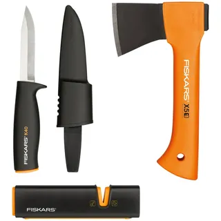 Fiskars Kaminofen-Set, Freizeitbeil X5-XXS, 23 cm | Xsharp Axt- und Messerschärfer, Keramik-Schleifkopf, Universalmesser K40, Inkl. Köcher, 22,5 cm, 1057913