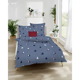 Bettwäsche KAEPPEL "Sailing Boats", blau (marine), B/L: 135cm x 200cm, 1 Stk., 1 Stk., Seersucker, B/L: 80cm x 80cm, 2 Stk., Seersucker, Obermaterial: 100% Baumwolle, Bettwäsche, Bettwäsche, Mit Booten