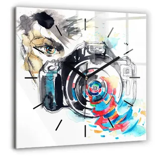 Wallfluent Große Wanduhr – Stilles Quarzuhrwerk - Uhr Dekoration Wohnzimmer Schlafzimmer Küche - Zifferblatt mit Striche - schwarze Zeiger - 60x60 cm - Fotografin - Blau