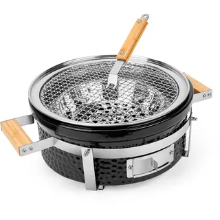 Onlyfire Rund Keramik Tischgrill, Ø 35 cm Hibachi Yakitori BBQ Grill Mini Holzkohlegrill mit Holzgriffen, Edelstahl Grillrost, Grillrostheber, für Camping, Balkon