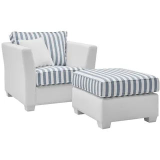 Furn.Design Sessel creme blau gestreift, Landhaus 95 cm, Loungesessel Set inklusive Hocker , Textil , Echtholz , Gestreift, Uni , eckig , 95x88x161 cm , Wohnzimmer, Sessel, Polstersessel