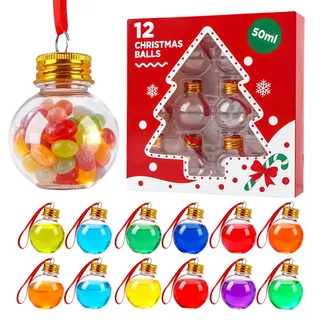 panemy 12 Weihnachtskugeln zum Befüllen (50 ml), transparente Tannenbaumkugeln aus Plastik, mit Schneeflocken-Stickern, befüllbar mit Getränken oder Süßigkeiten, Weihnachten