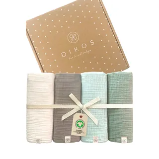 DIKOS Premium Musselintücher Baby aus 100% Bio-Baumwolle – 64x64 cm – 4er Mulltücher, Spucktücher Set für Neugeborene – weich, doppelt gewebt & saugstark – GOTS & OEKO-TEX – Geschenk zur Geburt (Mint)