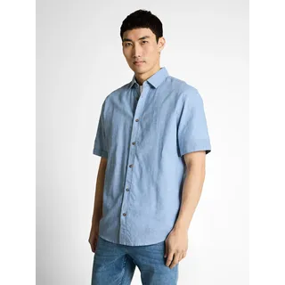 Kurzarmhemd TOM TAILOR, Herren, Gr. S, N-Gr, blau (bleeched blau chamb), Web, Obermaterial: 55% Leinen, 45% Baumwolle, unifarben, regular fit normal, gerader Abschluss, Hemden Kurzarmhemd, mit Kent Kragen