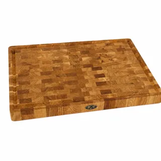 B4K Schneidebrett aus Eiche Stirnholz 50 × 35 × 4 cm | Massiver Hackblock, Antibakterielles Hirnholzbrett, Mit Griffen, Saftrille & Silikonfüßen, Perfekt für Küche, Fleisch & BBQ