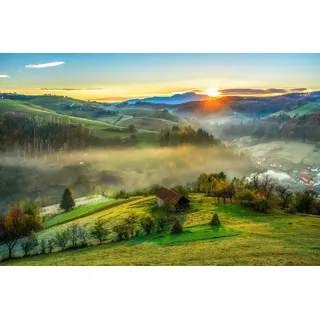 Papermoon Fototapete »PANORAMA-LANDSCHAFT DORF WIESE NEBEL GEBIRGE SONNE WALD«, bunt