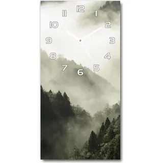 Wanduhr aus Glas – 30x60 cm - Glasbild - Glasuhr - Gehärtetes Glas -Nebel über dem Wald