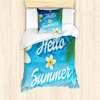 ABAKUHAUS Sommer Bettbezug Set für Einzelbetten, Palmblätter Plumeria Blumen, Milbensicher Allergiker geeignet mit Kissenbezug, Blau Senf Farngrün - Blau