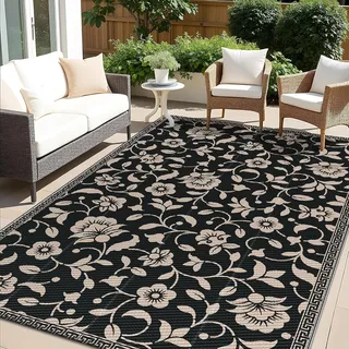 smiry Outdoor Teppich Wasserfest Balkon Camping Teppiche UV-beständig Waschbar Außenteppich Draussen Wendbarer für Terrasse, Garten, Wohnmobil - 120 x 180 cm, Schwarz & Beige - Blumen Muster