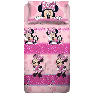 Hermet Disney Minnie Mouse, Bettwäsche-Set für Einzelbett, Disney, Bettlaken, Spannbettlaken, Kissenbezug, Rosa, Disney, 100% Baumwolle, offizielles Produkt