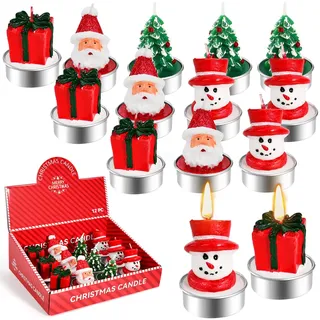 BUZIFU 12 Stück Weihnachten Teelicht Kerzen, 4 Designs Mini Weihnachtskerzen Teelichter Weihnachtsbaumkerzen Schneemann Weihnachtsmann Geschenkbox Deko Kerzen für Advent, Weihnachtstisch Adventskranz