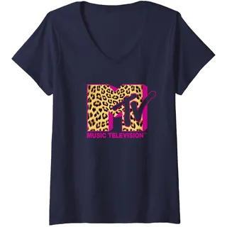 Damen MTV Logo Leopard Print T-Shirt mit V-Ausschnitt, Marineblau, M