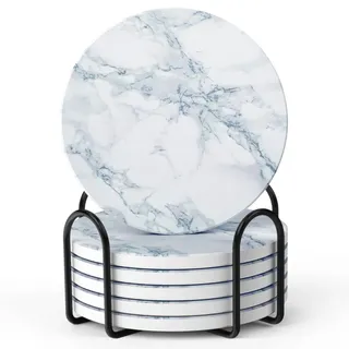 LIFVER Marmor Untersetzer Gläser 6er Set mit Halter und Korkboden | Elegantes Marmor-Design, Saugfähig, Schwer und Stabil, Rutschfester Korkboden, Metallhalter für Drinnen/Draußen