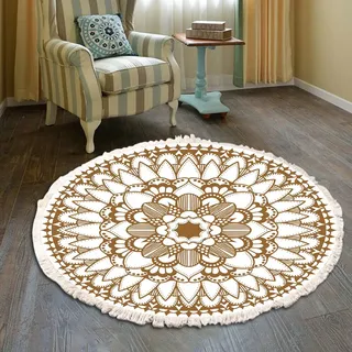 Vintage Boho Baumwolle Teppiche Mandala Muster Waschbar Handgewebte Böhmische Runder Teppich mit Quasten für Schlafzimmer Flur Wohnzimmer Couchtisch Fußmatten,Waschmaschinenfest,60CM Blumen #35