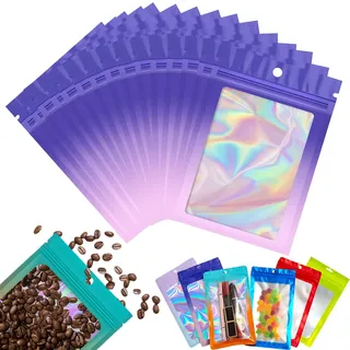 50 Stück Zip-Beutel Klein Mylar Bags Lila Rosa Holografische 12x18cm, Wiederverschließbare Geruchsdichte Baggys Ziplock-Polybeutel für Kekse, Schmuck, Lebensmittel