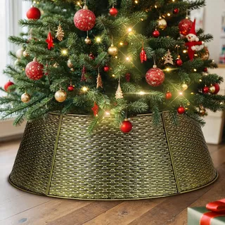 Lanpn Metall Weihnachtsbaum Kragen 50cm, Weihnachtsbaum Halsband Christmas Tree Collar Für Klein Mini S Wetterfest Für Kunstbäume Innen Außen - Weihnachtsdekoration (Gold, Horizontales Weben)