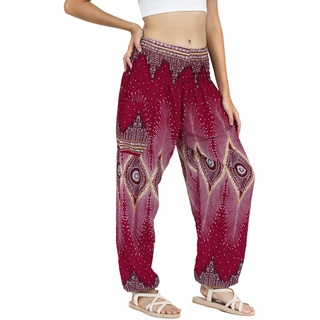 Lofbaz Damen Haremshose Yogahose Pumphose Hippie Hose Boho Kleidung Festival Outfit Sommerhose Leicht Sommer Hosen - Floral 2 Burgund M