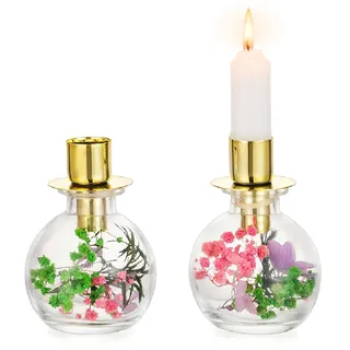NUPTIO Kerzenhalter mit Trockenblumen Kerzenständer Stabkerzen: 2er Glas Stabkerzenhalter Geschenke für Frauen Tischdeko Esstisch Frühling Boho Deko Gold Kerzenhalter Weihnachten