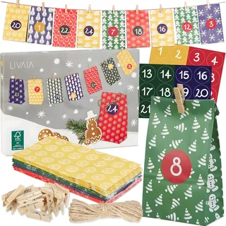 LIVAIA Adventskalender zum Befüllen 2024 - DIY Adventskalender Tüten Set mit 24 Papiertüten, Holzklammern, Zahlen Aufkleber, Jute Schnur - Weihnachts Adventskalender Basteln - Bunt 24 Motive