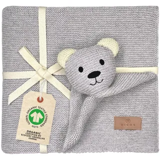 DIKOS Original Babydecke SCHMUSE-Bär (Hellgrau) – Premium 2-in-1 Neugeborenen Kuscheldecke & Schmusetuch – aus weicher gestrickter Bio-Baumwolle (GOTS/Oeko-TEX) – Geschenk zur Geburt Mädchen/Junge