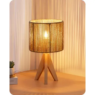 EDISHINE Nachttischlampe, LED Tischlampe mit handgewebtem Seil-Lampenschirm & Massivholz-Stativ, 2700K Warmweiß, Boho Tischleuchte für Schlafzimmer, Wohnzimmer und Hotel, inkl. E27 4W Glühbirne