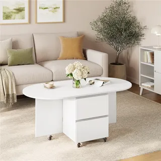 Yaheetech Ausziehbarer Couchtisch, klappbarer Beistelltisch, ovaler Sofatisch mit Rollen, Schubladen & Stauraum, Weiß - Weiß
