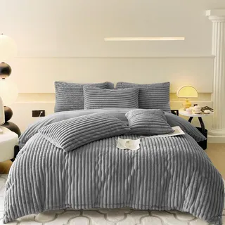 Flauschige Bettwäsche Plüsch Kuschel Fleece Flanell Kunstfell Extra Warm für Winter mit Kissenbezug 80x80 und Reißverschluss (Grau, 155x220cm + 80x80cm 2tlg)