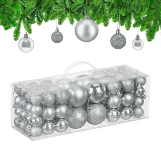 Relaxdays Weihnachtskugeln im 76er Set, Kunststoff, glitzernde, Matte, glänzende Baumkugeln, Christbaumschmuck, Silber
