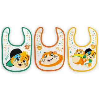 LULABI 44 GATTI BOY - 3er-Set aus Babylätzchen, 100% aus weicher Baumwolle mit "44 Katzen" Aufdruck, Lätzchenpackung, Klettverschluss, hypoallergen, wiederverwendbar, unisex, 19 x 17 cm - Bunt