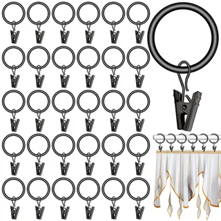 JJQHYC 40 Stück Vorhang Ringe Schwarz 25 mm Metall Gardinenstange Ringe mit Clips Haken Modern und Elegant