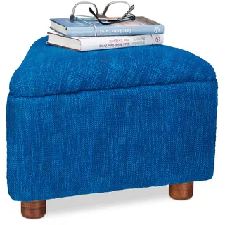 Relaxdays Fußhocker gepolstert aus Baumwolle, kleiner Hocker mit Polster f. Sofa, dreieckiger Pouf mit Holzbeine, blau