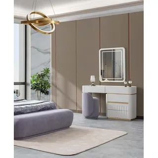 Pouf Schminktisch mit Spiegel Luxus Schlafzimmer Komplett Weiß Lila Gold - Weiß