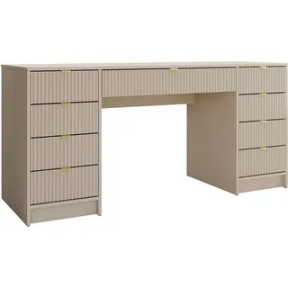 Mirjan24 Schreibtisch Tireno Bis, Schlafzimmer Kosmetiktisch mit neun Schubladen, Goldfarben Aluminiumgriffe (Farbe: Sandbeige) - Beige