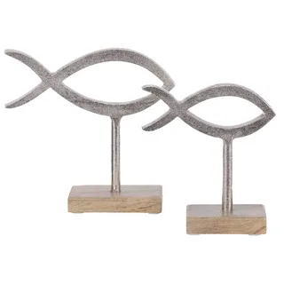 Brandsseller Deko-Aufsteller Fisch 2er Set Höhe 18 und 15 cm auf Mangoholz-Sockel/Aluminium-Holz