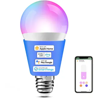 meross Glühbirne E27 Funktioniert mit Alexa, Apple HomeKit, Smart Glühbirne Mehrfarbig & Dimmbar, LED Lampe Kompatibel mit Google Home und SmartThings, RGBWW, 2700-6500K