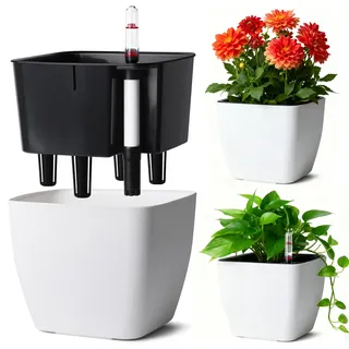 T4U 3Pcs 17,5cm Eckig Selbstbewässerungstopf mit Wasserstandsanzeige, Praktischer Blumentopf für vielbeschäftigte Anfänger und Gärtner,geeignet für Geranien/Minze für den Innen und Außenbereich (Weiß)
