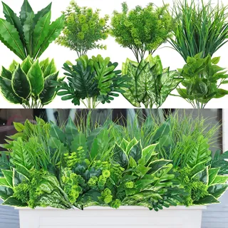 Dremisland 18 Bündel Künstliche Pflanzen Blumen wie Echt Kunstpflanzen Outdoor Balkonpflanzen Gefälschte Pflanzen Boston Farn UV-Beständig Kunststoff Stängel Dekogras für Innen Balkon Garten Deko