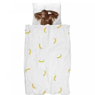 Snurk® - Kinder Bettwäsche Set, Banana Monkey Bettwäsche, 135 x 200 cm, inkl. 1 Kissenbezug 80 x 80 cm, aus 100% Bio-Baumwolle