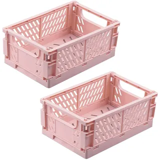 SelfTek 2 Stück Klappkisten Set, 2 Stück großer klappbox, Faltbarer Obstkorb aus Kunststoff, klappkorb für Küche,Arbeitszimmer und Büro, 25 x 16,5 x 10 cm (Rosa)