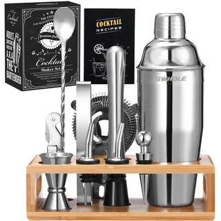 GWHOLE 10 x Cocktail Shaker Set Edelstahl Cocktail Mix Set Barkeeper Kit Cocktailset Profi Cocktailset Shaker Cocktails Bar Zubehör mit Rezeptbuch & Ständer für Zuhause Party Geschenk Bar