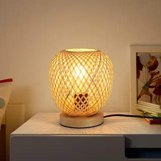 Schindora Bambus Geflochten Tischlampe Holzsockel