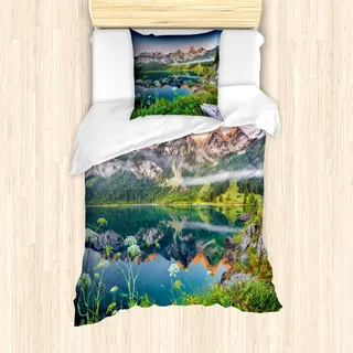 ABAKUHAUS Natur Mantele, Österreichische Alpen Berg, Milbensicher Allergiker geeignet mit Kissenbezügen, 135 cm x 200 cm - 80 x 80 cm, Grün blau - Grün, Blau