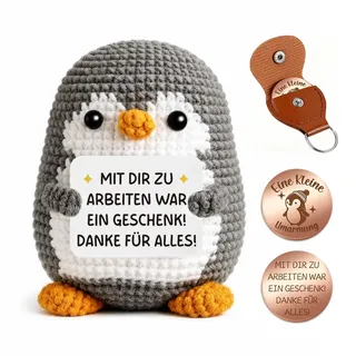 Giftota Abschiedsgeschenk Kollegin Kollege Jobwechsel - Pocket Hug Handgehäkelter Pinguin mit Glücksmünze & Lederetui - Dankeschön Geschenke - Rente Neuer Job Mutmacher Glücksbringer
