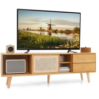 TV Lowboard Bambus, TV Schrank mit Rattan- & Glasschiebetüren, Fernsehtisch mit 2 Schubladen, Fernsehschrank für TVs bis 65 Zoll, für Wohnzimmer, 140 x 31 x 45,5 cm