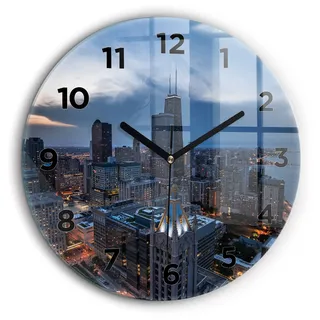 Wallfluent Große Wanduhr – Stilles Quarzuhrwerk - Uhr Dekoration Wohnzimmer Schlafzimmer Küche - Zifferblatt - schwarze Zeiger - 60 cm - Foto von Chicago - Blau