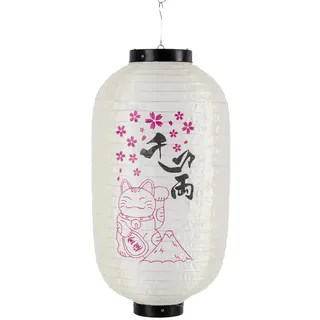 lachineuse – Japanische Laterne – Motive Maneki Neko und Mount Fuji – Kunststoff – Hängende Gartendekoration – Farbe Weiß – Japanisches Atmosphärenobjekt – Größe 22 x 45 cm – Asiatische Geschenkidee