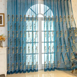 Lsimeru 2er Set Vorhang Transparent Stickerei Vintage Barock Blau Voile Gardinen Durchsichtig Blumenmuster Fensterschal Vorhänge mit Stangendurchzug,140x245