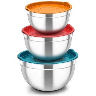 TEAMFAR Rührschüssel 3er Set, Edelstahl Schüssel Salatschüssel Set mit Luftdicht Deckel, Schüsselset perfekt für Backen/Vorbereiten/Servieren, 4,5L / 2,5 L / 1,5 L, Spülmaschinenfest, Bunt